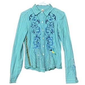 Johnny Was 3J Workshop Women S Cotton Shirt Embroidery Teal Hummingbird Floral